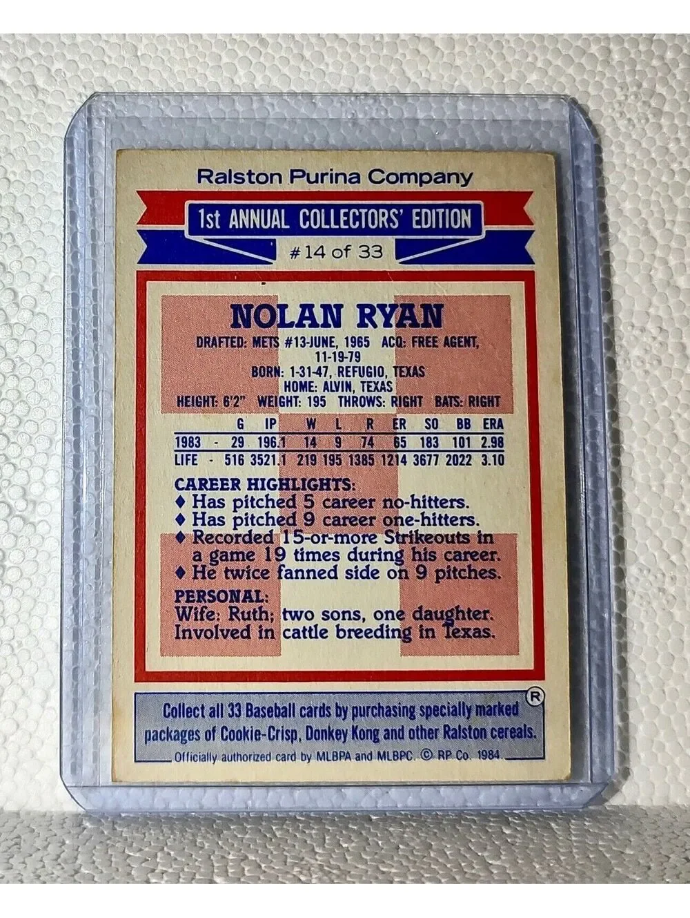 Nolan Ryan 1985 Purina MLB #14 Baseball Card Houston Astros
